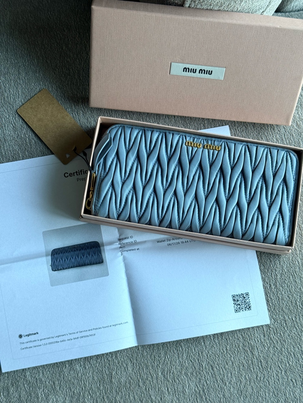 Miu Miu Ruched Matelassé Zip Wallet in Light Blue with Gold Hardware